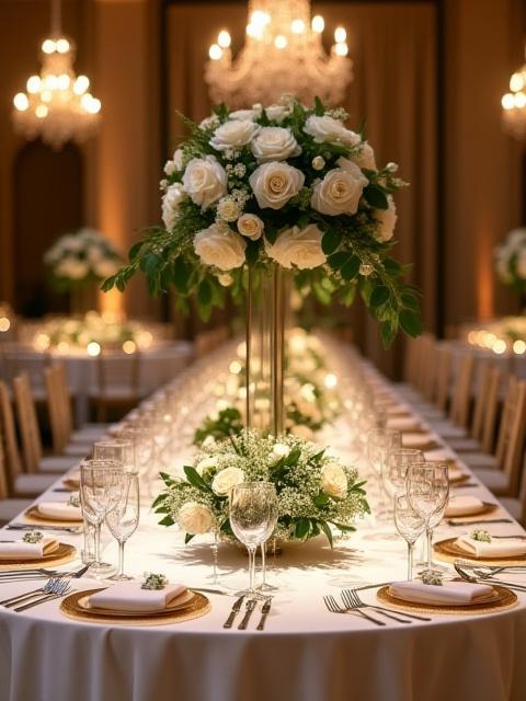 Elegante Hochzeitsdekoration mit üppigen floralen Gestecken