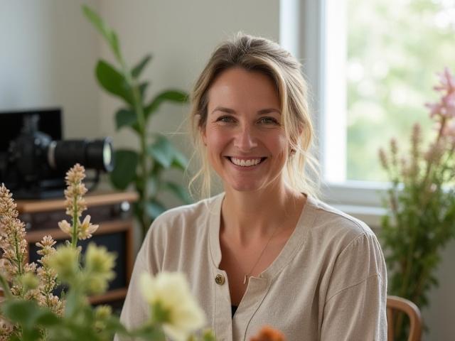 Gründer von Eos Capture, umgeben von floralen Elementen, in einem hellen Studio.